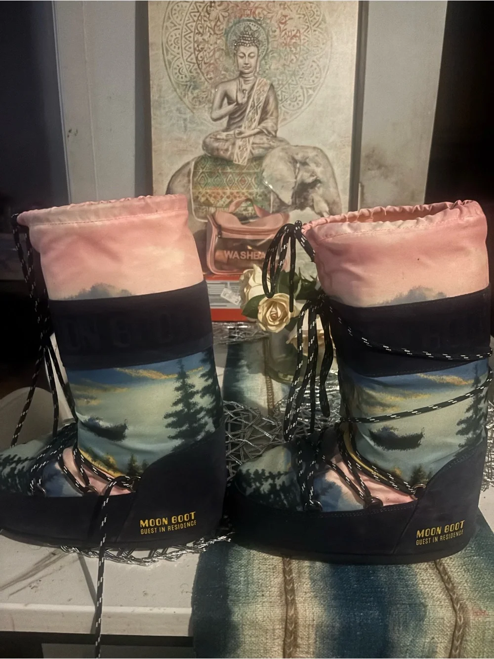 Moon Boot Women's Pink Yellow Blue Scenic Winter Rain Boots